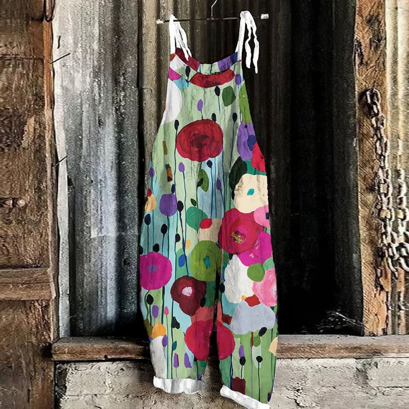Женский Свободный Повседневный Комбинезон, винтажный разноцветный комбинезон с цветочным 3D принтом и лямкой на шее
