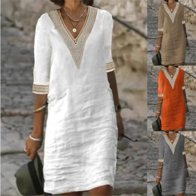Платье женское хлопково-льняное с V-образным вырезом, пикантный элегантный роскошный Повседневный Однотонный сарафан средней длины, белая уличная одежда, Y2k, лето 2023