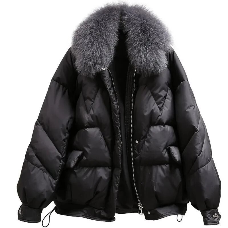 Abrigo acolchado de plumón con cuello de piel grande para mujer, parka holgada coreana, chaqueta acolchada de algodón cálida, prendas de vestir, novedad de invierno, 2023