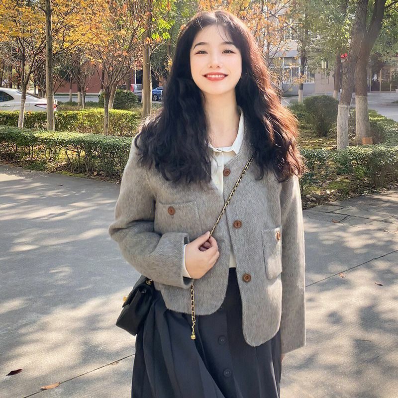 Koreańskie dwustronne wełniana tkanina kurtki damskie słodki wełniany płaszcz temperament styl Preppy moda ma kieszenie