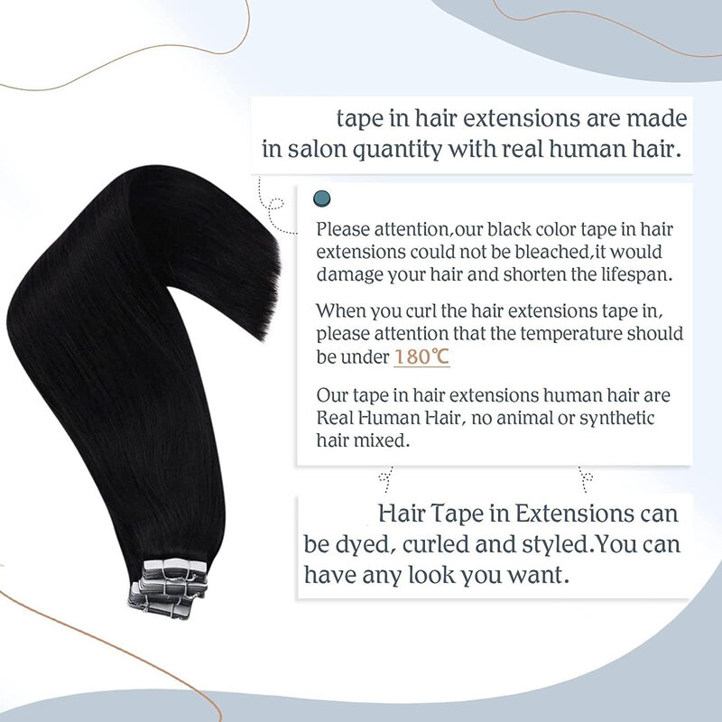 Extensões de cabelo humano retas, 100% remy pele trama, cola adesiva no salão de beleza, alta qualidade, preto natural, 16-26 em, #1