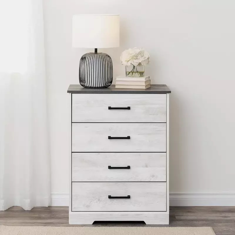 Farmhouse Chest, Wooden Bedroom Dresser with 4 Storage Drawers, 18.25in X 27.5in X 35.5in, Washed White