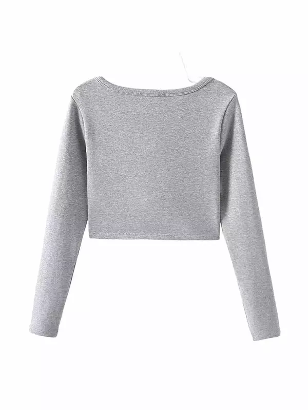 Vrouwen 2024 Nieuwe Mode Solide Veelzijdige Cropped O-Hals Elastische Slanke Gebreide Tops Vintage Lange Mouw Dames Shirts Chic Tops