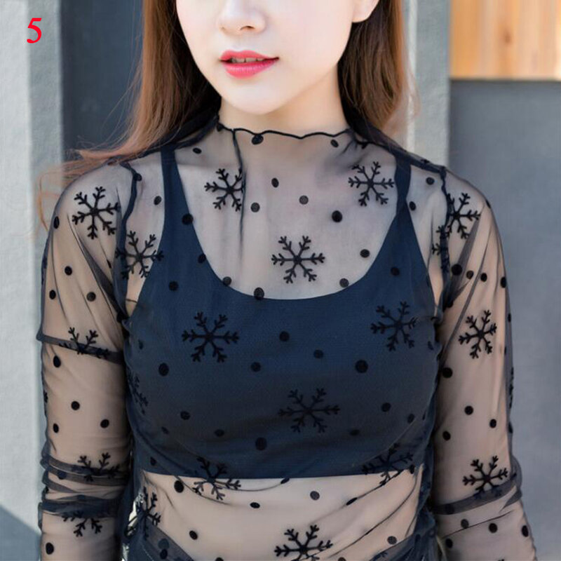 Sexy Women Mesh T-Shirts Fashion Lace See-Through Blouse Spring Summer Long Sleeve Sunscreen Tops Club Party Bottoming Shirts