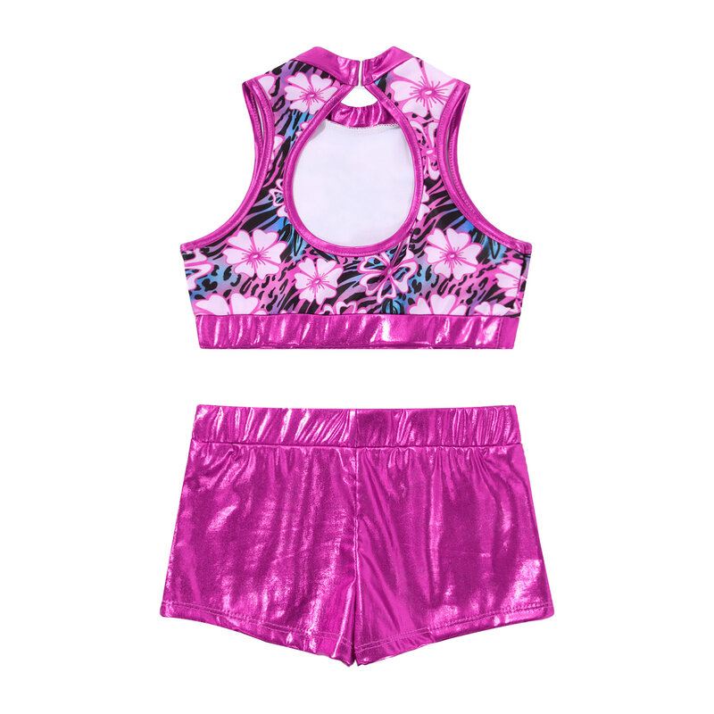 Kids Girls Jazz Hip Hop Street Dance Outfit Sets Ballet Dancing Exercise Costume Shiny Metallic Crop Top with Shorts Performance