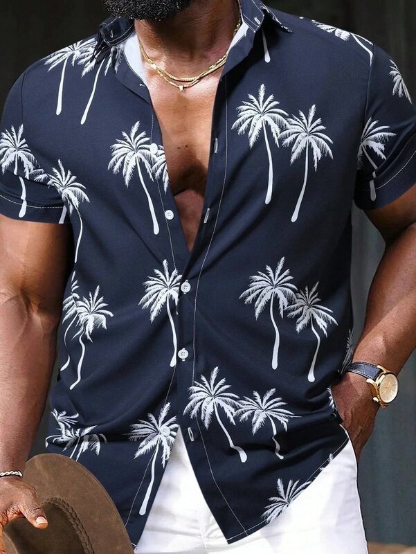 남성용 3D 프린트 팜 그래픽 칼라 단추 셔츠, 기본 반팔 티셔츠, 보태니컬 프린트, 하와이 스타일