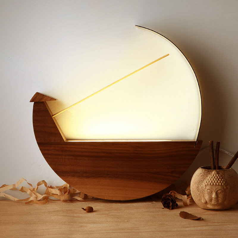 Lámpara de mesa de bambú, luz de noche LED, decoración de madera para cabecera, regalo creativo y exótico, lámpara de pared LED