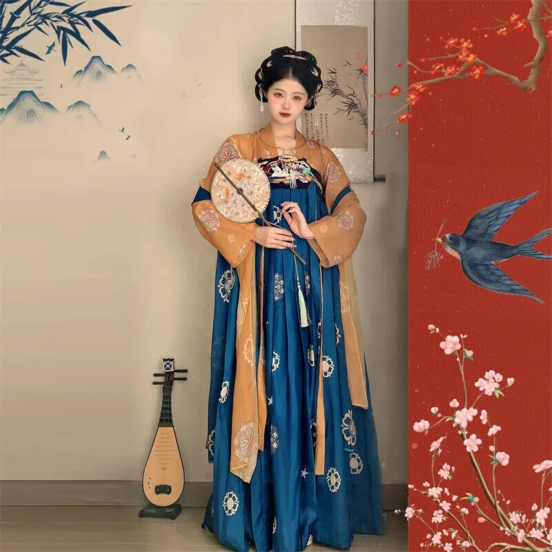 Hanfu ชุดเจ้าหญิงฮาโลวีนแบบจีนโบราณสำหรับผู้หญิงชุดการแสดงบนเวทีพิมพ์ลายดอกไม้