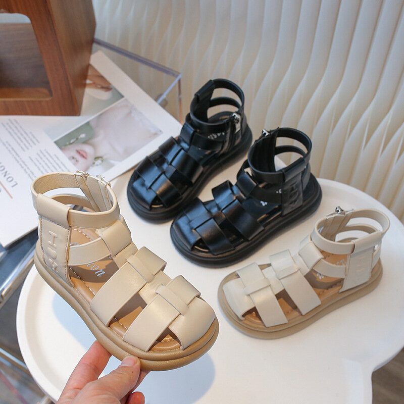Sandálias de tecido romano infantil, sola grossa macia, respirável, fora, praia, sapatos de princesa, alta moda, verão, novo, 2024
