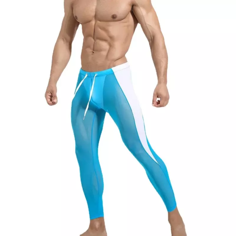 Bragas deportivas de malla transparente para hombre, ropa interior Sexy, moldeador de cuerpo, medias largas transpirables, pantalones ajustados de tren de Fitness