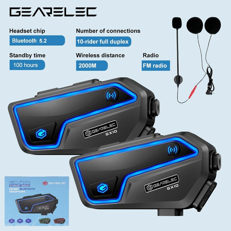 GEARELEC helm interkom motor GX10, Headset Bluetooth 10 pengendara 2km komunikator motor Interphone FM berbagi musik PK B4FM-X