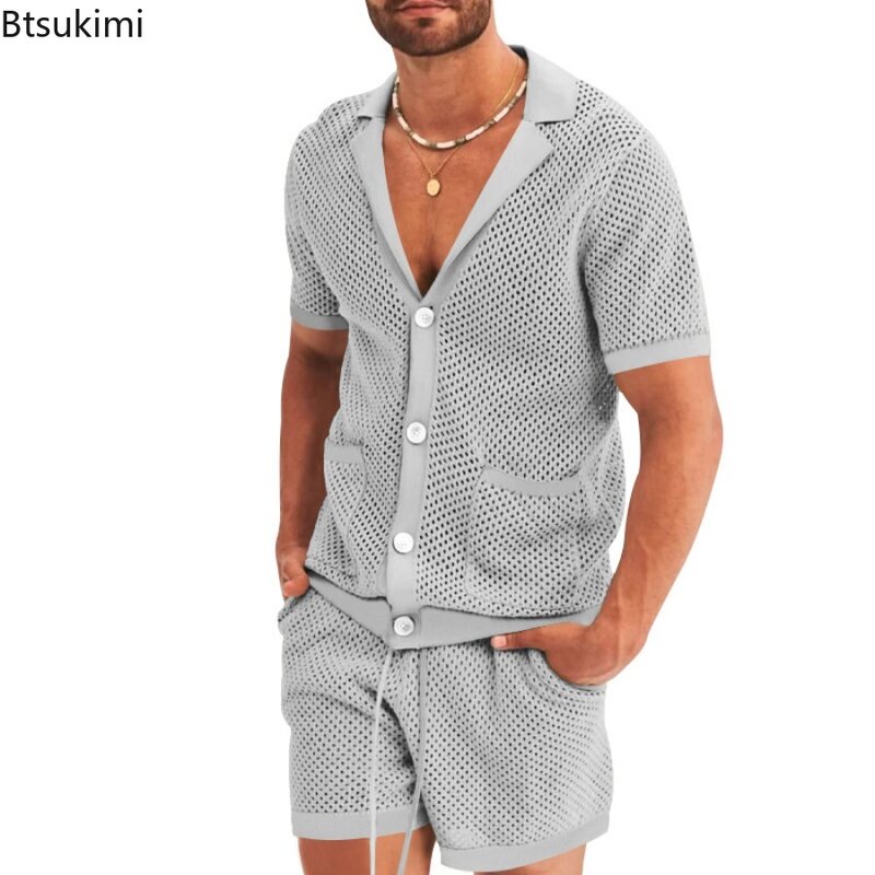 2024 Men's Summer Tracksuit Casual 2 Pieces Fashion Hollow-out Short Sleeve Tops and Short Sets Men Solid Joggers Sport Clothing