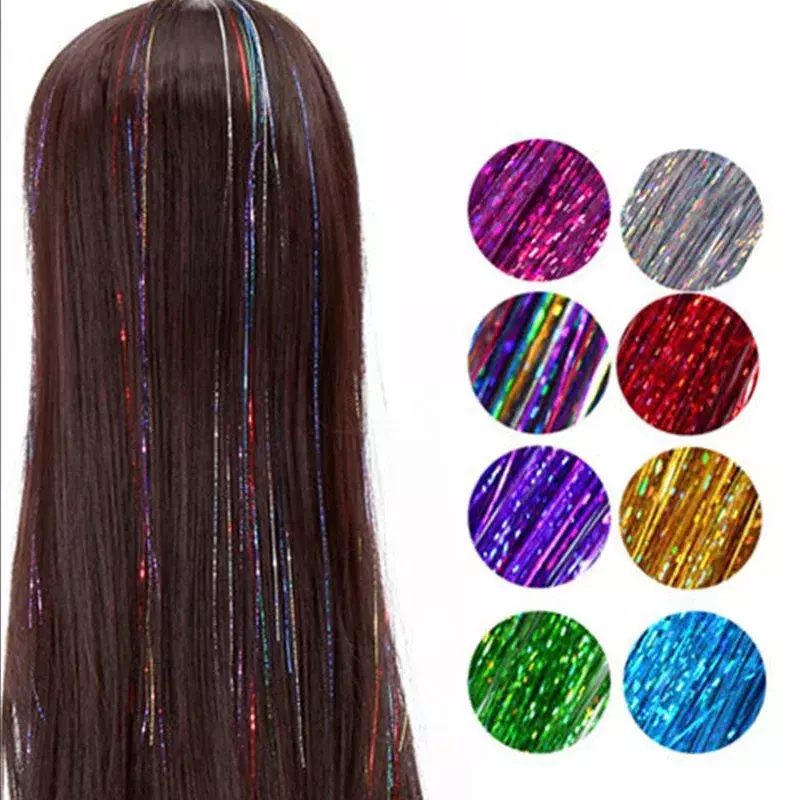 Extensões holográficas do cabelo Acessórios, ouropel do cabelo do brilho, faísca, brilhante, Bling, cintilação, 120 fios, 93cm, 100cm