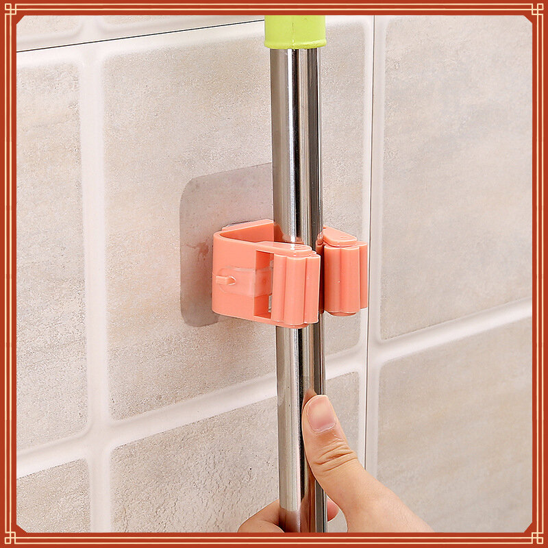 Wall Mounted Mop Holder Self-Adhesive Mop Clip Storage Rack Brush Broom Hanger Space-Saving Bathroom Accessories Organizer Hook