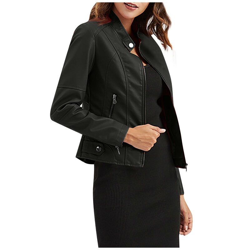 여성용 루즈 오토바이 바이커 블랙 PU 인조 가죽 짧은 재킷, 슬림 피팅 레트로 모토웨어, 스탠딩 칼라 재킷