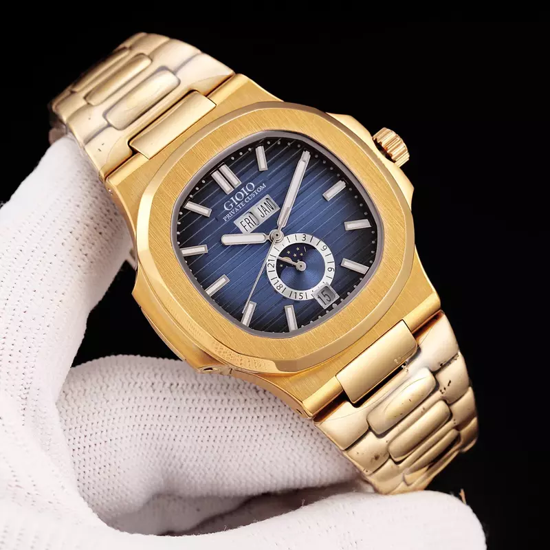 Luksusowy nowy zegarek męskie automatyczne zegarki mechaniczne z wiatrem srebrnym złotym czarnym niebieskim księżycowym kalendarzem data dnia