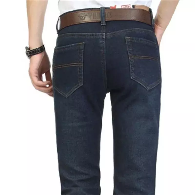 Free Shipping 2024 High Quality Men Winter Worm Fleece Blue Boot Cut Jeans Business Casual Flare Pants Mid Waist Velvet Trousers