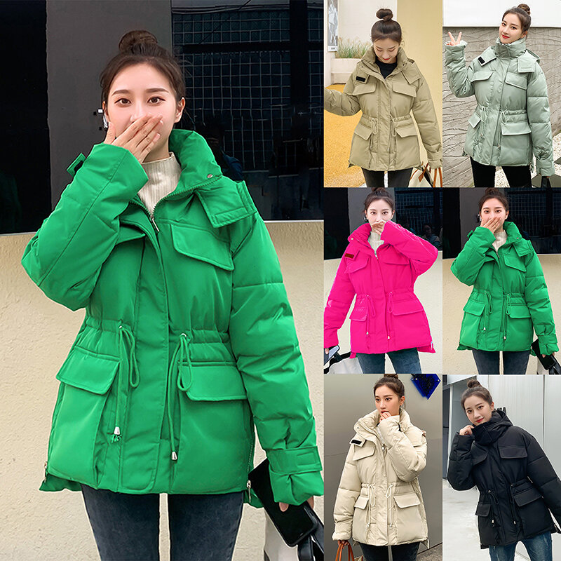Jaqueta com cordão espesso para mulheres, bolsos grandes, jaqueta curta de algodão, moda, outono e inverno, 2023