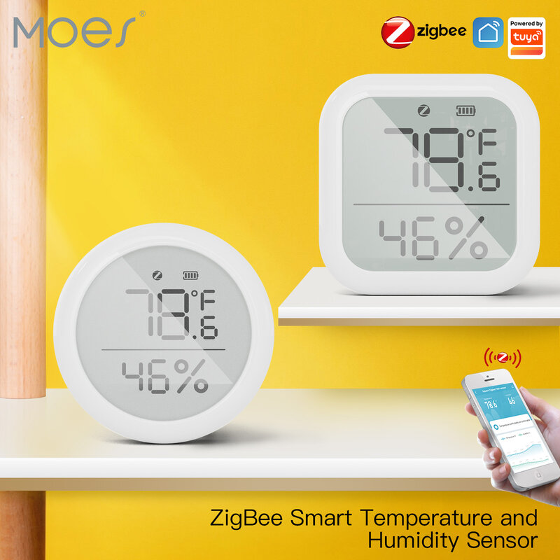 MOES-Sensor de temperatura e umidade ZigBee Smart Home, tela LED, funciona com o Google Assistant e o Tuya Zigbee Hub