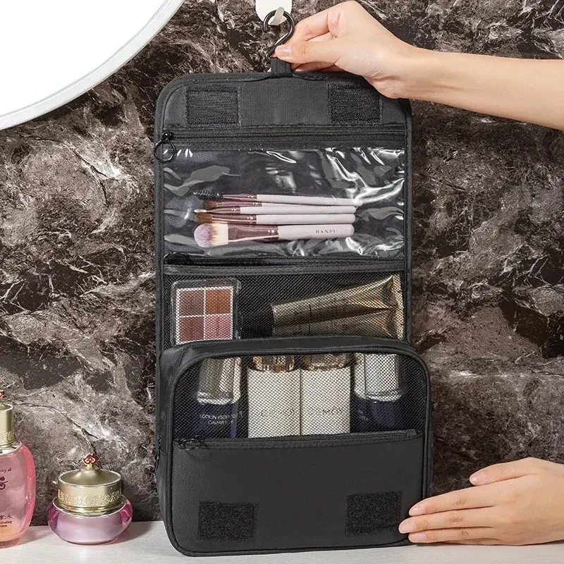 Nuova borsa multifunzionale per la conservazione dei cosmetici con gancio da viaggio