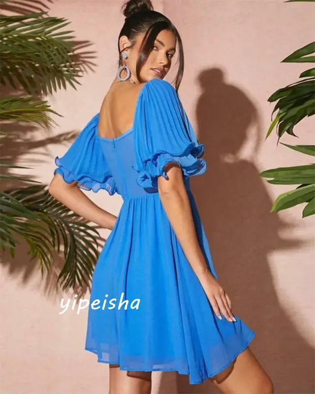 Simple Prom Available Square A-line Formal Ocassion Gown Mini Draped Chiffon Cocktail Dress birthday dress for women luxury