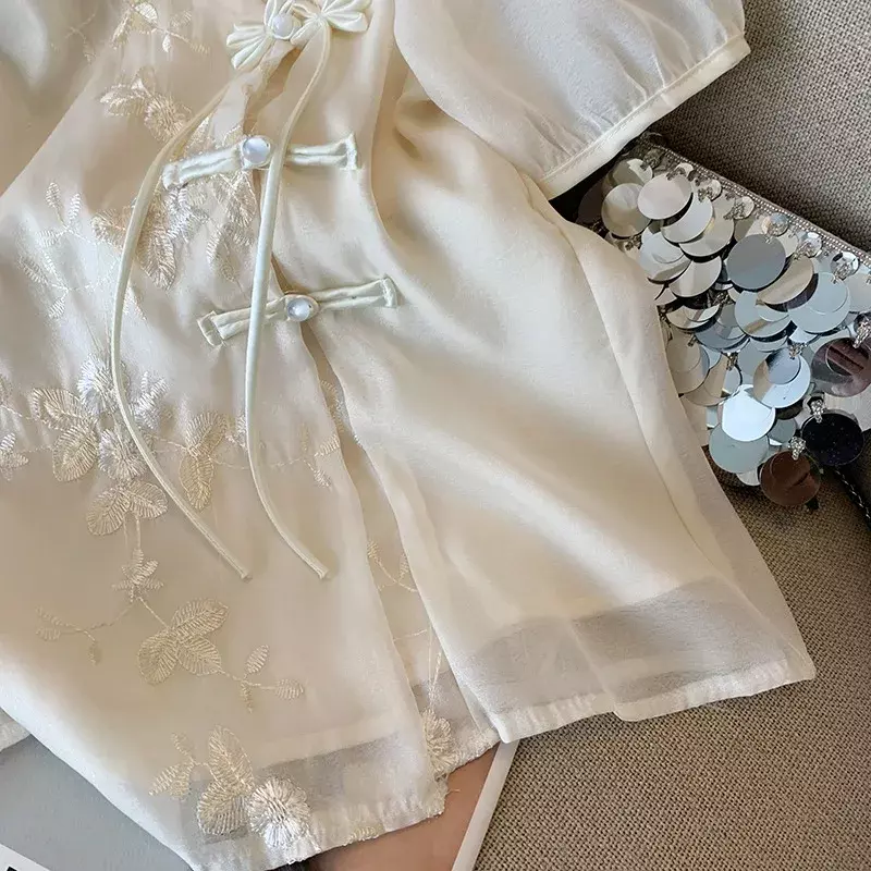 Camicia da donna in Chiffon camicette da ricamo Vintage estive camicette larghe da donna in stile cinese top maniche corte abbigliamento moda YCMYUNYAN