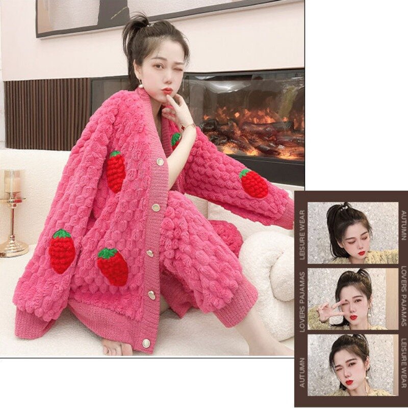 2024 Nieuwe Mode Koraalfluwelen Pyjama Set Dames Herfst Winter Nachtkleding Dames Dikke Pluche Warme Flanellen Bovenkleding