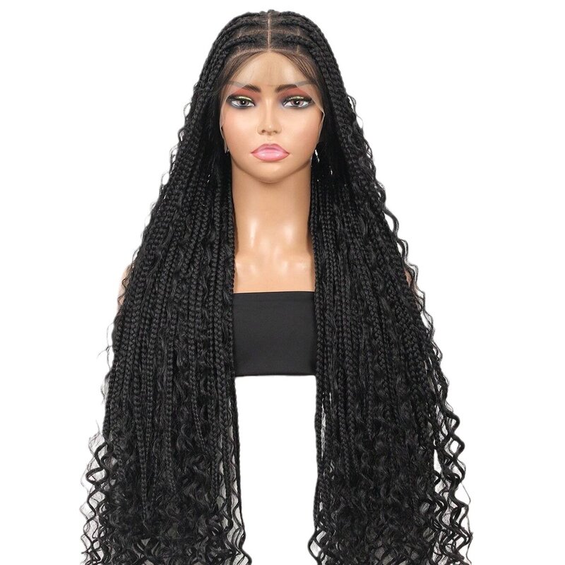 Afro Braided Lace Wig Black Long Braiding Hair 36" Black Lace Braided Knotless Box Braided Wig Synthetic Lace Front Wig