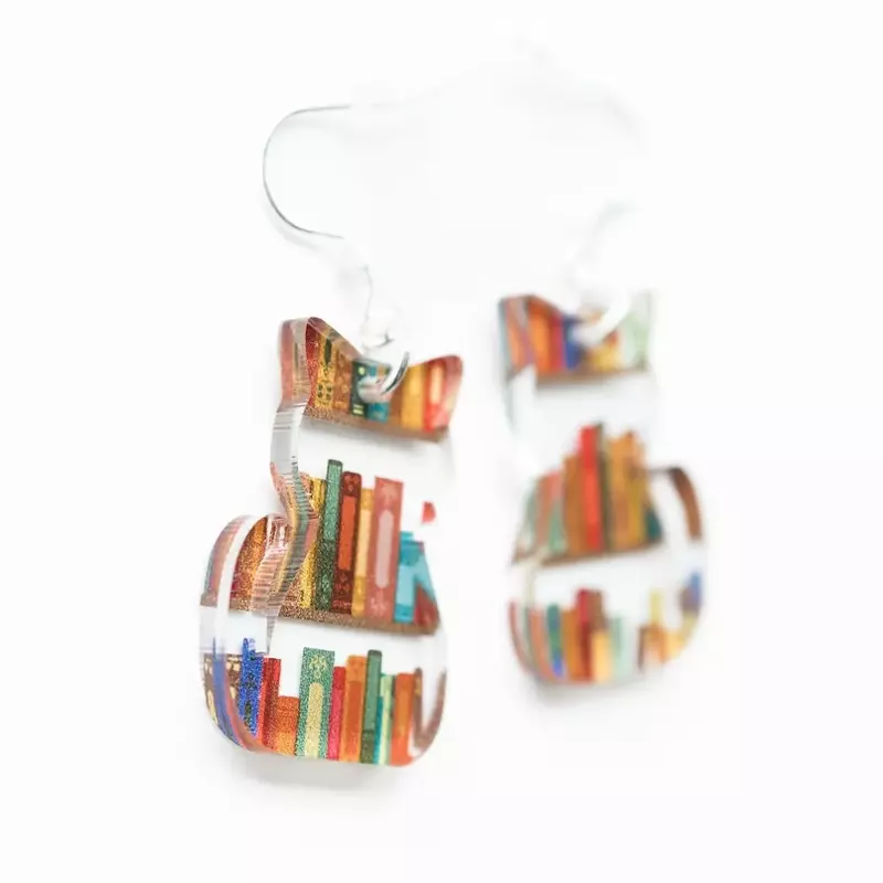 Cat Earrings with Books Acrylic Bookish Cat Lover Gifts for Avid Reader Book Themed Cat Mom Dangle Earrings