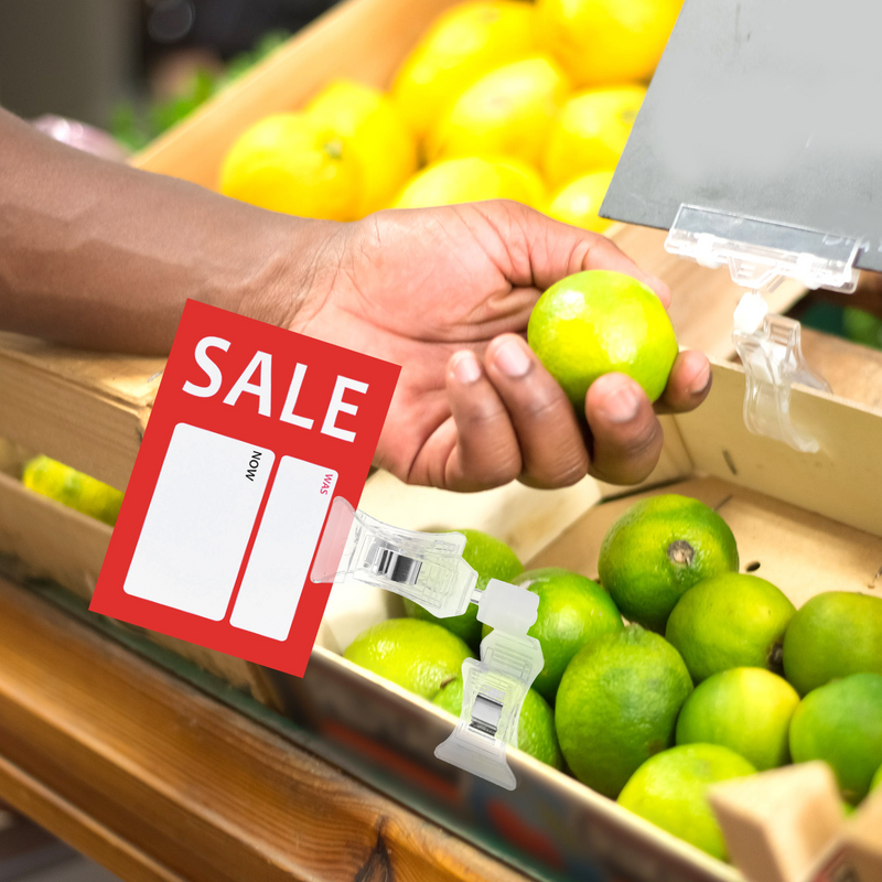 Publicidade etiqueta Rack acrílico Price Tag Clips, Plastic Basket Display Holder, Ticket Rack para Padaria Shop e Supermercado Mall