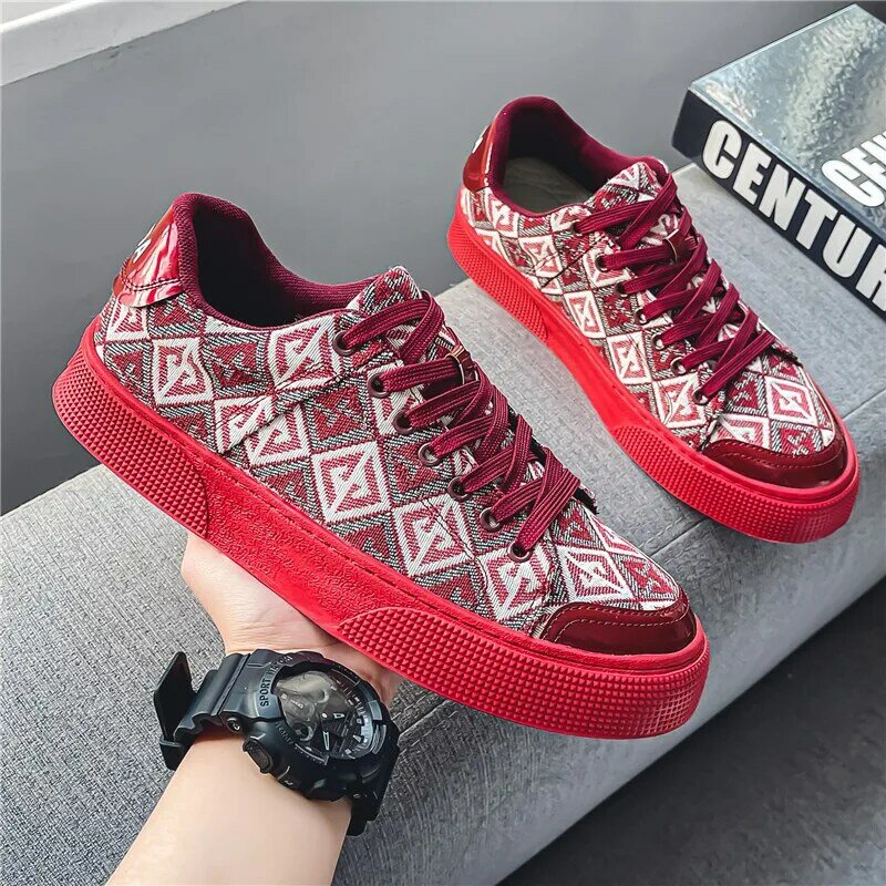 Tênis de lona masculino, sapatos vulcanizados, sapatos de skate vermelho, moda luxo designer, venda