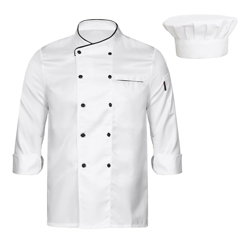 Abrigo de Chef Unisex para hombre y mujer, uniforme de trabajo de cocina, chaqueta de cocineros de doble botonadura con sombrero para cantina, restaurante, Hotel, Bakeshop