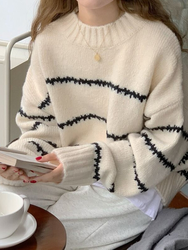 Deeptown Korean Fashion Striped Knitted Sweater Women Harajuku Retro Oversized Pullover Lazy Loose Casual Jumper Y2K Tops Winter