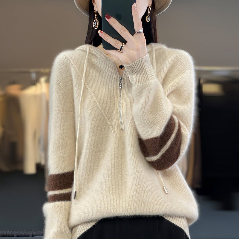 Suéter de lana 100% grueso con capucha y cremallera para mujer, suéter informal de punto a juego con contraste, moda de otoño e invierno, nuevo