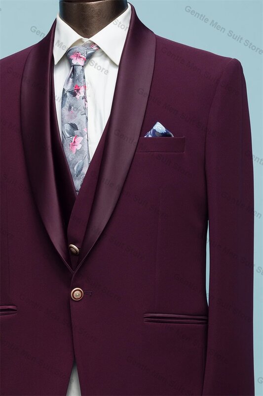 Burgundy Men Suits Set Cotton 2 Piece Blazer+Pants Luxury Red Carpet Prom Groom Wedding Tuxedo Coat Custom Made Jacket Trousers