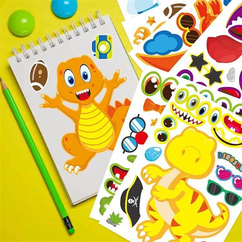 DIY adesivos reutilizáveis dos desenhos animados para crianças, Dinosaur Puzzle Sticker, brinquedos clássicos para crianças, fazer um rosto, presente de aniversário, 9-27sheet