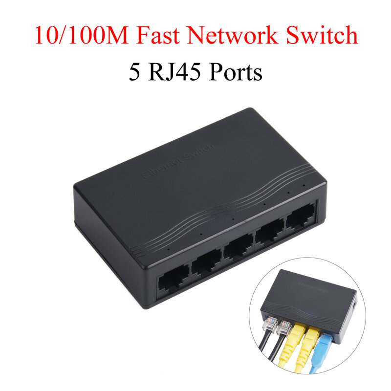 Mini Switch de Rede Rápida com Poder dos EUA, 5 Portas, 100Mbps, RJ45, Smart Switcher Hub, ABS Shell, Internet Splitter para Câmera IP, 1Pc