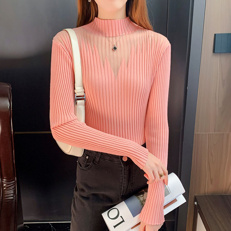 Fashion Pullover Women Sweaters Mesh Stitching Hollow Out Long Sleeve Autumn 2022 Half High Collar Bottoming Knitted Tops 23071