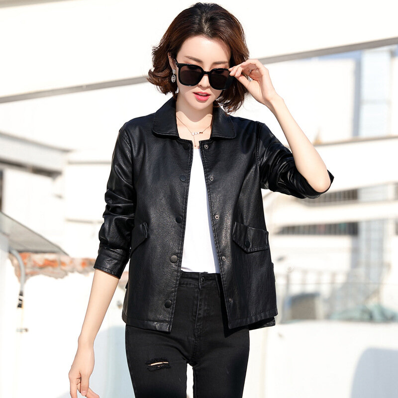 Leisure leather jacket for women's new 2024 spring and autumn season, new short jacket for Korean version, loose and slimming