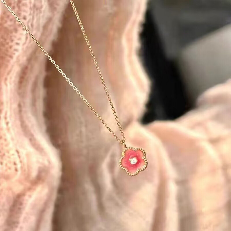 Collar de flor de melocotón para mujer, colgante de flor rosa, cadena de cuello Linda dulce, cadena de clavícula de circón brillante, regalo de joyería de moda