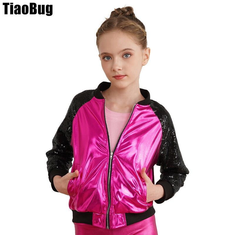 Kids Girls Shiny Sequins Dance Jacket Long Sleeve V Stand Collar Zipper Closure Front Bronzing Cloth Outerwear Stylish Clothing