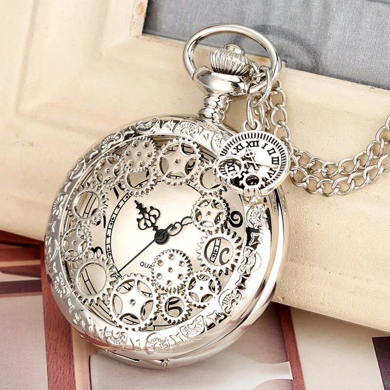 Roda de prata carretel engrenagens ocas design colar relógio de bolso de quartzo camisola corrente estrelas pingente fob relógio com engrenagem acessório
