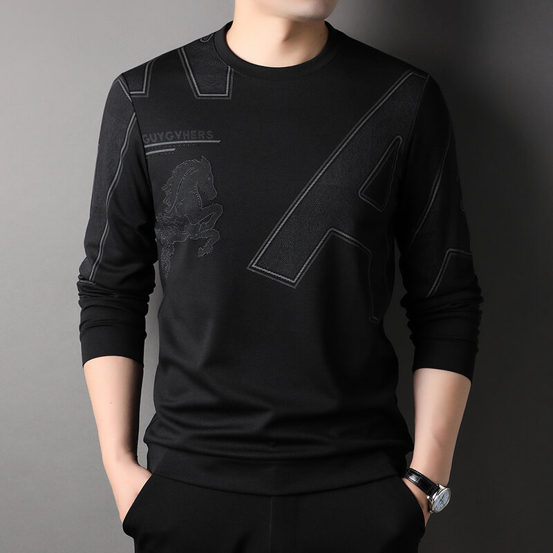 Men's Spring New Fashion Personalized Print Versatile Round Neck Top Bottom Comfortable Sweater