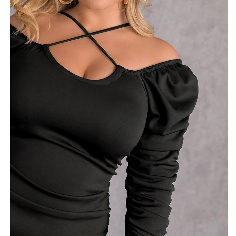 Spring Elegant Femme Clothing Black All-match Plus Size Bag Hip Knee-Length Skirt Sexy Breast Wrapping Pleated Long Sleeve Dress