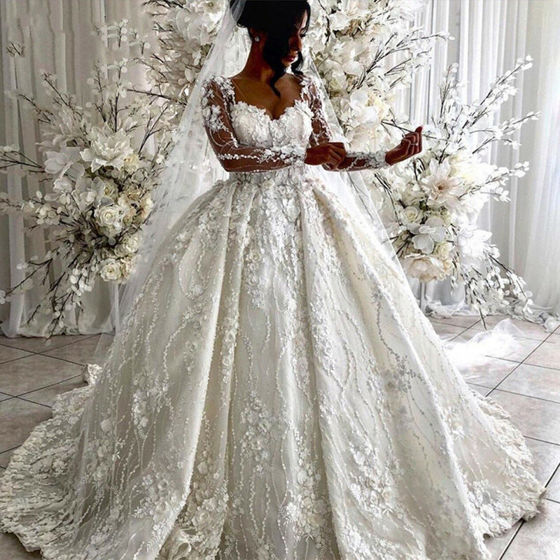 Vintage Volle Spitze Hochzeit Kleider 2022 Arabisch 3D Floral Illusion Langen Ärmeln V-ausschnitt Königliche Brautkleider Vestidos De Novia