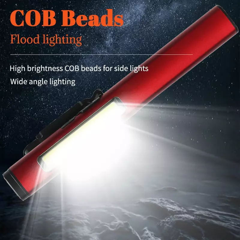 Portable LED Flashlight COB Floodlight and XPE High Beam Aluminum Alloy Pen Clip Work Light Built In Battery with Tail Magnet