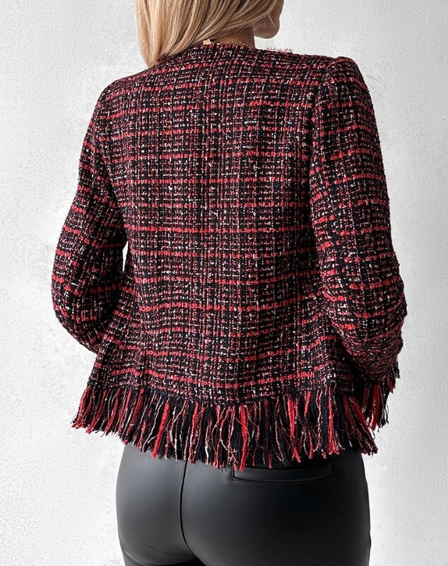 오피스 레이디 여성용 작은 향기 코트, 세련되고 우아한 더블 브레스트 태슬 디자인 단추 트위드 코트, 2023 겨울 신상