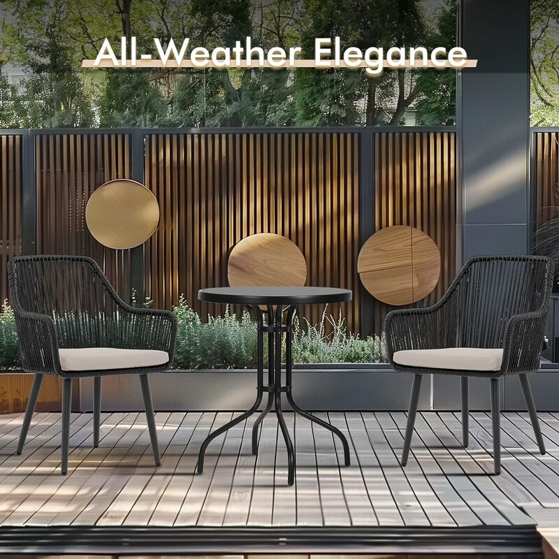Conjunto de 2 cadeiras de jantar pátio, cadeiras de vime com braço e almofadas para gramado externo, jardim, quintal, interior