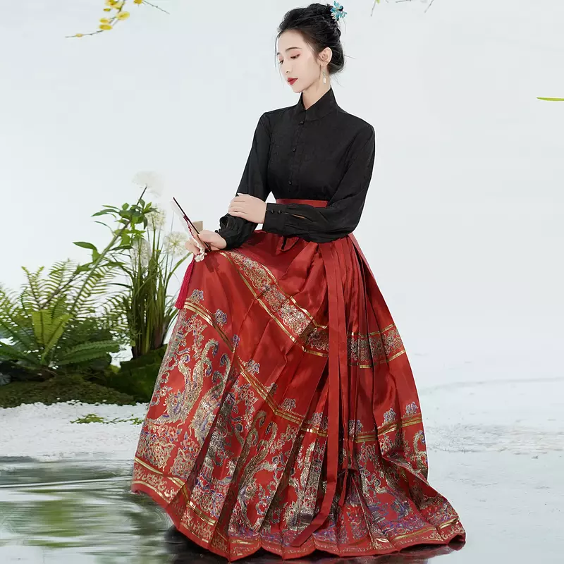 Black MaMian Qun Ming Dynasty gonna a forma di cavallo Vintage cinese tradizionale antico Hanfu vestito da donna moderno Set abbigliamento quotidiano