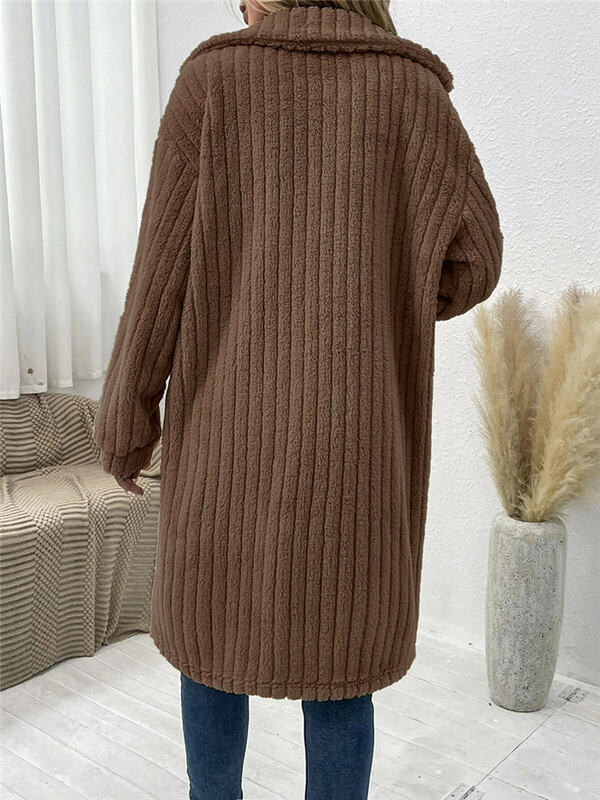 Women Winter Faux Fur Sweater Luxury Striped Sherpa Fleece Long Cardigan Vintage Lapel Robe Warm Puffy Coat